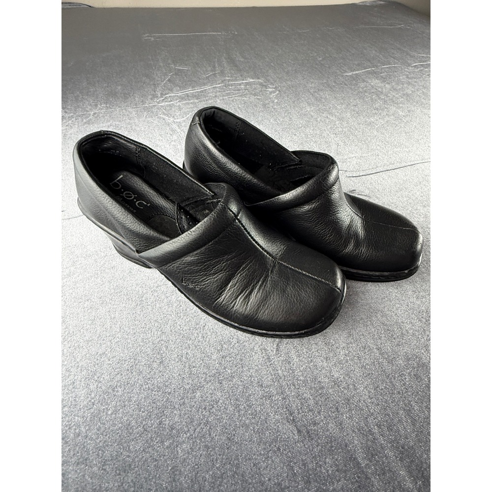 b.o.c. Born Concept Womens Black Leather Wedge Clogs Slip On Shoes Size 7.5